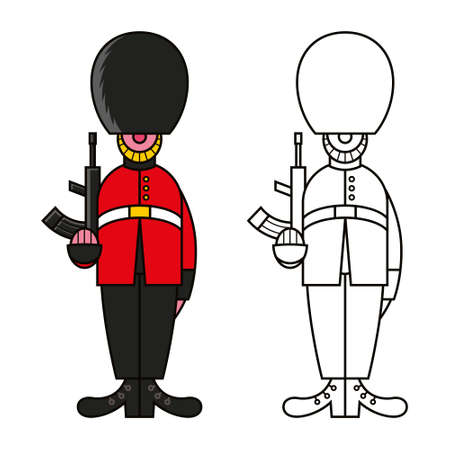 Image of the Queen's Royal Guard, in a red uniform, in a fur hat, with a gun. Comic, cartoon.のイラスト素材