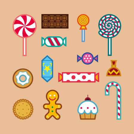 A set of different candies, sweets and cakes. Icons and pictograms for the holidays - Halloween, birthday party, Christmas. Isolated, colorful.のイラスト素材