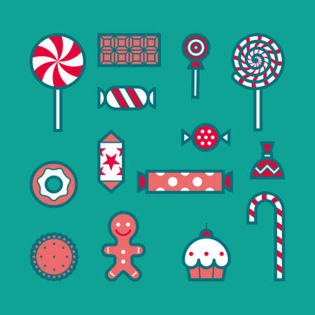 A set of different candies, sweets and cakes. Icons and pictograms for the holidays - Halloween, birthday party, Christmas. Isolated. Red, white and green colors.のイラスト素材