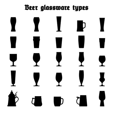 Beer glassware set. Various types of beer glasses and mugs. Black silhouettes on white background, isolated.のイラスト素材