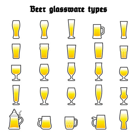 Beer glassware set. Various types of beer filled glasses and mugs. Color icones on white background, isolated.のイラスト素材