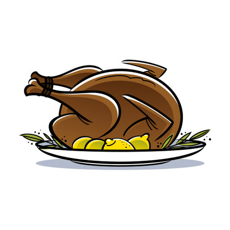 Happy Thanksgiving - roasted turkey on a platter, garnished with greens and lemons. Festive food. Isolated, white background.のイラスト素材