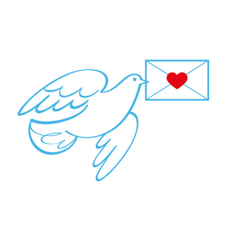 Dove and Love Message. White pigeon with paper envelope and red heart. Symbol of love. Flat image, isolated, white background.のイラスト素材