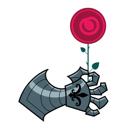 Iron knights gauntlet holding a red rose. Colorful, flat symbol. Isolated, white background.のイラスト素材