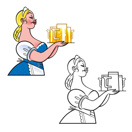 Beer girl carries mugs on a tray. Illustration for poster or greeting card. Isolated.のイラスト素材