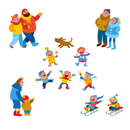 Winter people. Group of cartoon characters dressed in winter clothes, children playing in snow, outdoor activities.のイラスト素材