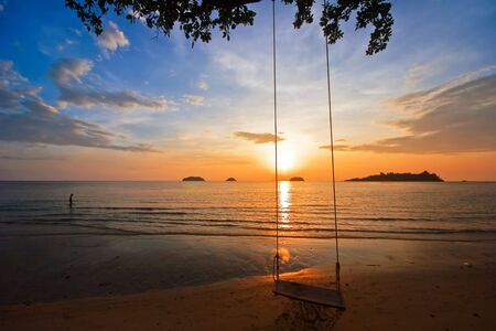 Sunset on tropical beach. Siam bay. Province Trat. Koh Chang island. Kingdom Thailandの写真素材