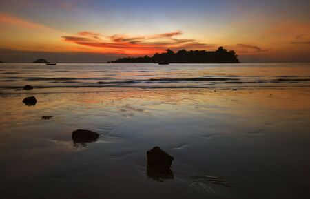 Sunset on tropical beach. Siam bay. Province Trat. Koh Mak island. Kingdom Thailandの写真素材