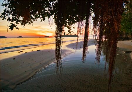 Sunset on tropical beach. Siam bay. Province Trat. Koh Mak island. Kingdom Thailand