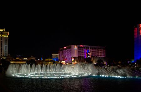 LAS VEGAS - MAY 2:Musical fountains of Bellagio Hotel on Flamingo Casino background, May 2, 2007.のeditorial素材
