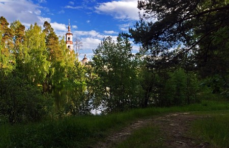 Summer river under blue sky の写真素材