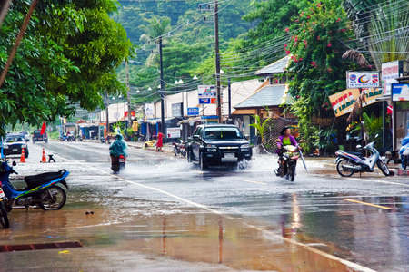 The rainy season in Thailand. One of the streets on the island of Koh Chang.のeditorial素材