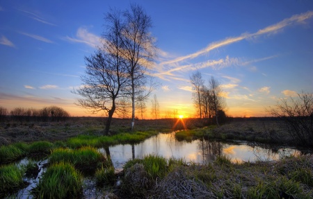 Sunset around summer river の写真素材