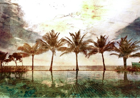 Reflections of palms in the pool in grunge and retro style の写真素材