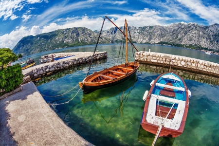 A small bay with boats  Kotor  Montenegroの写真素材