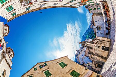 Fish-eye lens look of the old city on sky background  Kotor  Montenegroの写真素材