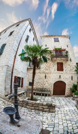 Fish-eye lens look of the old city on sky background. Kotor. Montenegroの写真素材