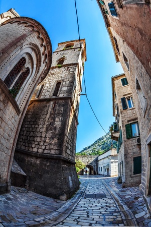 Fish-eye lens look of the old city on sky background  Kotor  Montenegroの写真素材
