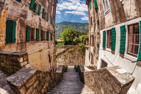 Fish-eye lens look of the old city on sky background  Kotor  Montenegroのeditorial素材