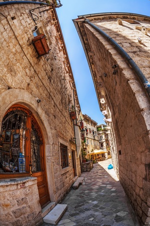 Fish-eye lens look of the old city on sky background  Kotor  Montenegroのeditorial素材