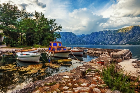A small bay with boats  Kotor  Montenegroの写真素材