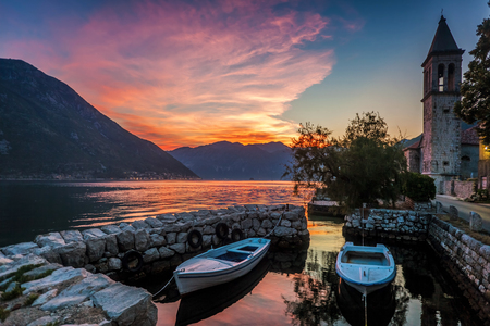  Sunset on the sea with the Ð° foggy mountains  Montenegroの写真素材