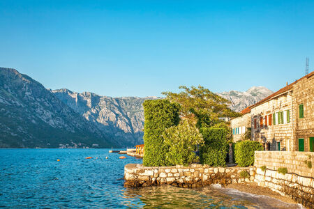 seafront with sea and mountain views in sunlights   Montenegro