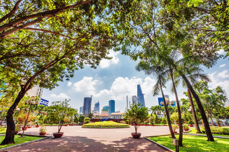 HO CHI MINH, VIETNAM - APRIL 28, 2014  View from public park on Bitexco Financial Tower - the tallest building in the Ho Chi Min city  Its construction was completed in 2010  のeditorial素材