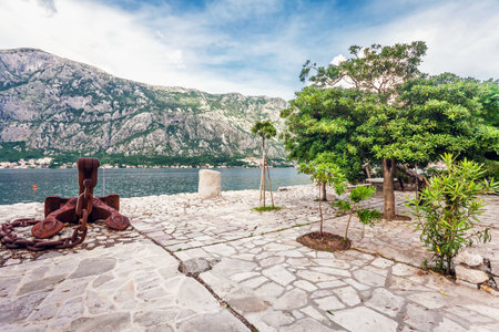 seafront with sea and mountain views   Montenegroの写真素材