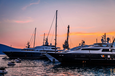 Sailing boats in marina at sunset. Tivat. Montenegro