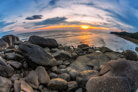 Tropical beach at beautiful sunset in fish-eye lense. Nature backgroundの写真素材