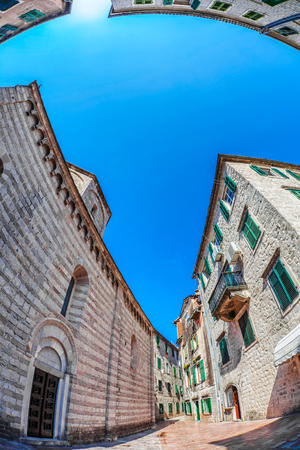 Fish-eye lens look of the old city on sky background. Kotor. Montenegroのeditorial素材