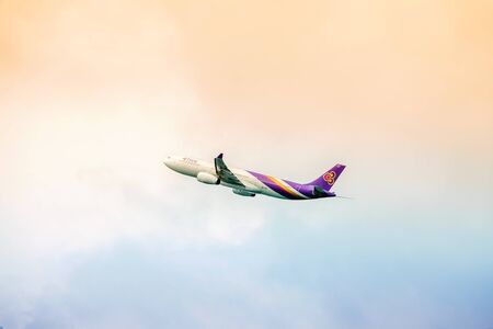 PHUKET , THAILAND- OCTOBER 25, 2014: Thai Airways plane takes off from Phuket International Airport. Thai Airways - national airline was founded in 1960 and is one of the creators of the Star Allianceのeditorial素材