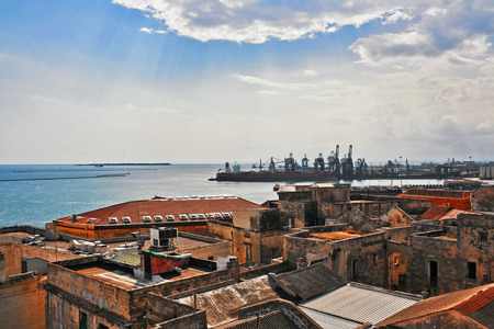 Great view on sea, old town under blue sky. Nales, Italyの写真素材