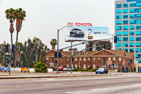 LOS ANGELES - MAY 19, 2007: Billboard Toyota Yaris above empty streets in 
weekend in downtown of Los Angeles.のeditorial素材
