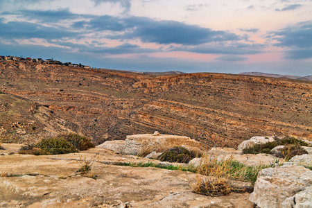  Scenic view of a canyon in Negev Desert in sunset time. Israel