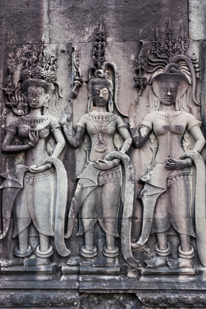 Apsara carved on the wall of Angkor Wat, Cambodiaの写真素材