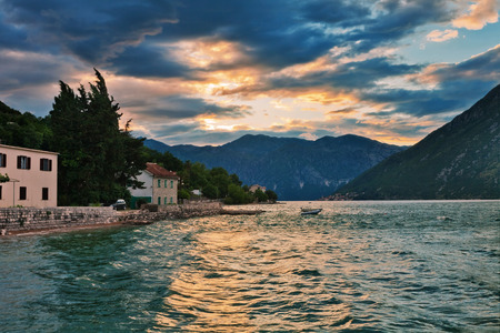 Sea sunset on mountains background. Kotors bay. Montenegroの写真素材