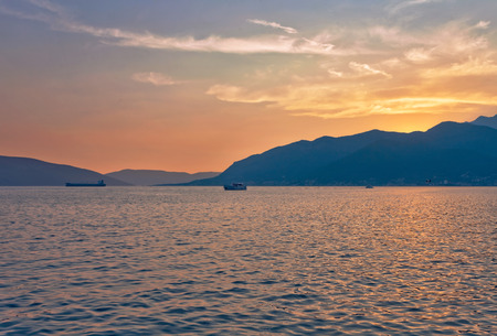 Sea sunset on mountains background. Kotors bay. Montenegroの写真素材