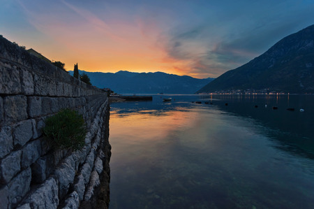 Sea sunset on mountains background. Kotors bay. Montenegroの写真素材