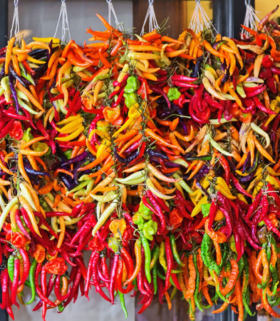 bunches of red, green and yellow hot peppers on the market in Spainの写真素材