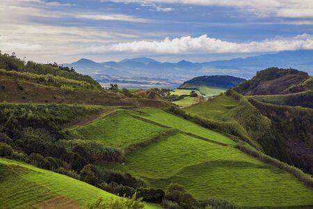 Landscape of green hilly valley Sao Miguel island of Azores, Portugalの写真素材