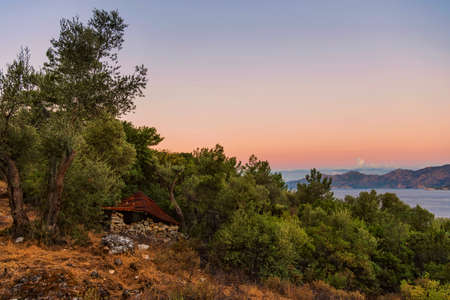 Landscape with sea and mountains at sunset. Turunc village, Turkeyの写真素材
