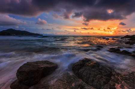 Rocks at topical beach at beautiful sunset. Nature backgroundの写真素材