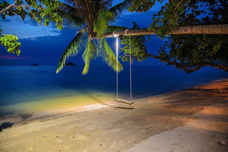 Palm with swing at beach at night time. Thailandの写真素材