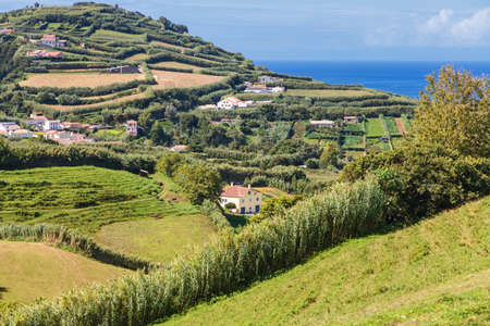 Fresh green nature view with fields, meadows near pastures and a small village. Miguel island of Azores, Potugalの写真素材