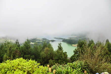 Picturesque view of the Lake of Sete Cidades, a volcanic crater lake on Sao Miguel island, Azores, Portugalの写真素材
