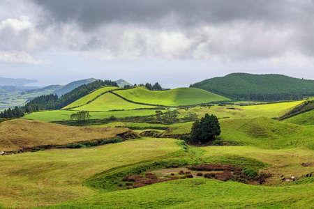 Landscape of green hilly valley Sao Miguel island of Azores, Portugal