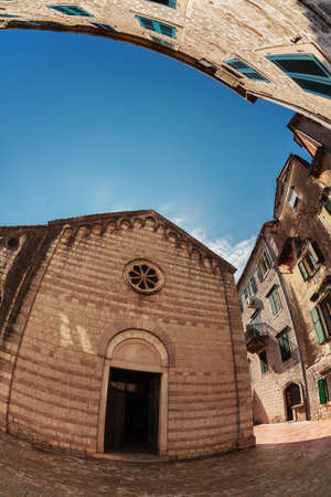 Fish-eye lens look of the old city on sky background. Kotor. Montenegroの写真素材