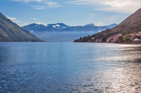 Sea sunset on mountains background. Kotor bay. Montenegroの写真素材